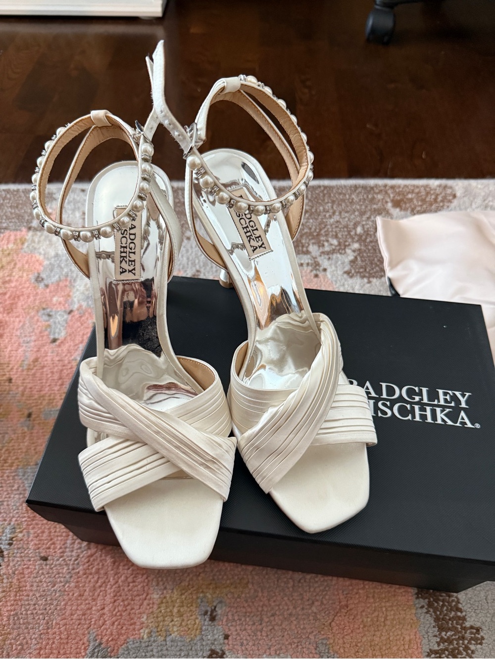 Badgley Mischka Tawny Women's Ivory Satin Ankle-Strap Sandals